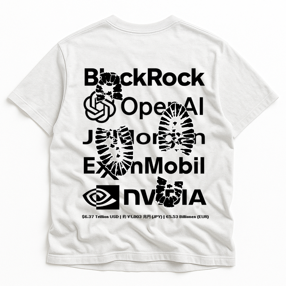 White t-shirt with black text and logos on a white background