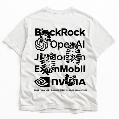 White t-shirt with black text and logos on a white background