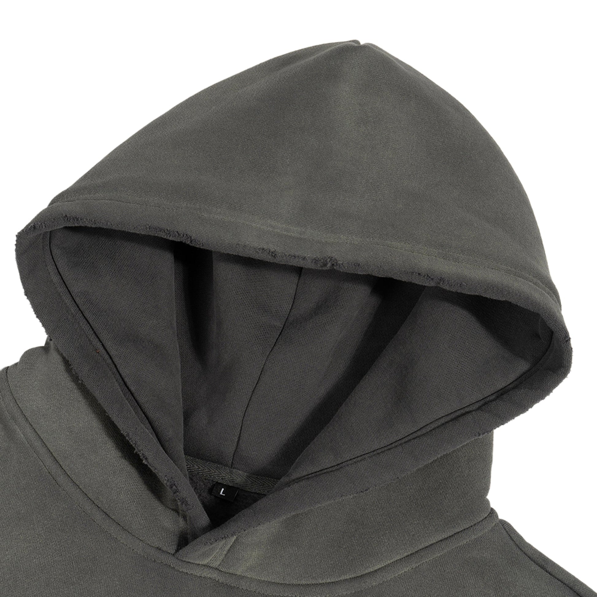 Close-up of a gray hoodie with a hood on a white background